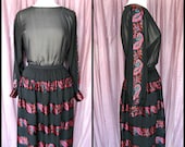 70s silk chiffon 2 piece dress / fits S-M / vintage 70s silk ensemble /  Sheer blouse with ribbon skirt / vintage sheer 2 piece dress