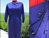 1950s Sapphire Blue Jersey Dress: Beaded Vintage Cocktail Dress (L-XL)