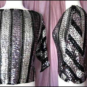 CHARLES GLUCK 60s Mod Sequin top / fits S /  Mod Sequin Blouse / Vintage Silver Sequin Blouse / 60s Silver Sequin Top