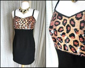 LEOPARD sequin dress / fits S / 80s leopard body con dress / sequined leopard dress / TOFFS leopard Lbd / Toffs dress