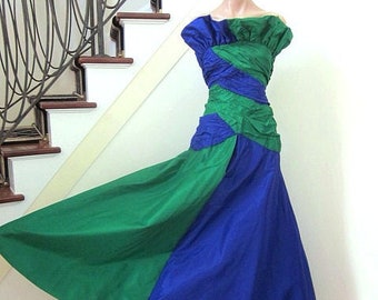 Vintage 80s Taffeta Ball Gown: Blue Green Strapless Ruched Couture, XS