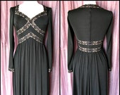 70s Black Lace Dress / 70s Boho LBD / fits XS-S / Vintage Black Lace Jersey Dress / Palm Beach Couture Black Dress / Hippie LBD