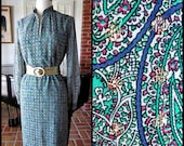 Nat Kaplan Couture Dress / Vintage 60s Lame' Dress / 60s Lame Paisley Dress / fits M / Vintage dress with gold lame dots on paisley print