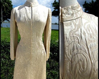 60s Brocade Dress / Vintage Brocade Dress / fits S-M / 60s Gold Brocade Dress / 60s Bridal Brocade Dress / Metallic Brocade Dress