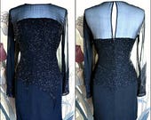 Vintage Black Beaded Silk Dress: Illusion Neckline, Fits M