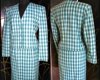 Blue Pendleton Plaid Suit / Vintage Miss Pendleton suit / small / Vintage Aqua Skirt Suit / 70s Blue Herringbone Plaid Jacket Suit