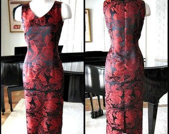 RED ROSE Gown / fits XS-S / Vintage Rose Brocade Gown / Couture Red Rose Gown / 80s Rose Column Gown