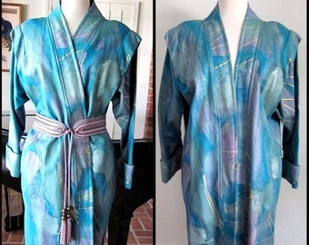 Vintage Hand-Painted Kimono Duster Coat: 80s Wearable Art