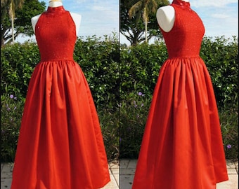 Red Silk Ball Gown / Vintage Sequin Red Gown / 90s does 50s Silk Satin Gown / Sz 4 fits S / Red Satin and Sequin Gown / red beaded gown