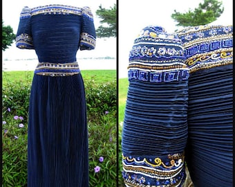 Vintage Richilene Beaded Fortuny Pleat Gown: Navy Blue, Fits S-M