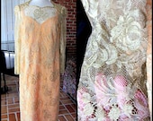 Vintage Pat Crowley Gold Lace Dress: Irish Couture Peach Silk Slip, S-M