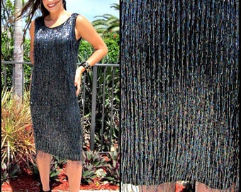 Vintage beaded dress / Vintage Fringed Dress / 80s Fringed Dress / Beaded Fringe Dress / fits M / Shimmy Beaded Dress / Chacun dress