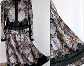 Vintage Maggy Reeves Skirt Suit: 80s Lace, Velvet Trim, Floral L