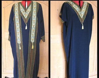 Caftan and Duster / Modest Dress and Coat Set / fits L-XL / Ribbon trim Kaftan Dress and Duster Coat / Navy Blue Gown and Coat Set
