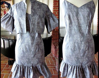 Nina Raynor Dress and Bolero / Vintage Slip Dress and Jacket Set / fits M / Ruffled metallic print Dress and Jacket