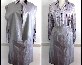 Lavender Leather Suit / Lavender Leather skirt / Lavender Leather vest / fits L / Lavender Leather outfit / Metallic Lavender Leather