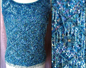 Vintage 50s Beaded Sweater Top: Turquoise Wool, Rhinestone Detail, Fits Small