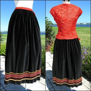 Tootique Velvet skirt / 70s Velvet Maxi Skirt / Vintage Velvet Maxi skirt /  fits XS-S / Ribbon Velvet Skirt / 70s ribbon trim velvet skirt