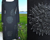 Vintage Silk LBD / fits M / Couture Little Black Dress with Floral Embellishment