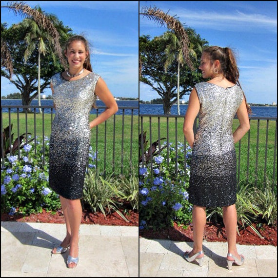 50s Sequin Dress / Ombre silver black sequin dress