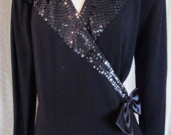 Sequin Wrap Evening Sweater // Trompe l'oeil collar and lapel // fits M-L // Vintage 80s 1980s