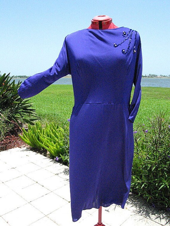 50s Blue Dress / fits L-XL / 1950s Blue jersey Dr… - image 2