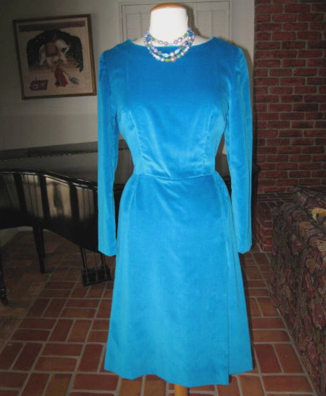 50s Velvet Dress / Fits M / 1950s Turquoise Velvet Dress / Vintage