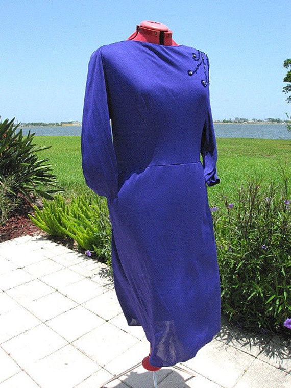 50s Blue Dress / fits L-XL / 1950s Blue jersey Dr… - image 8