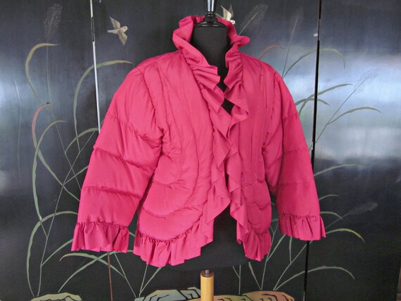 Hot pink down jacket / 90s ruffled down jacket / f