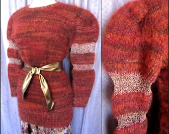 Handknit Mohair Sweater / fits S-M / Vintage Metallic Mohair Sweater / 80s Mohair Lurex Sweater / Mutton Sleeve Sweater