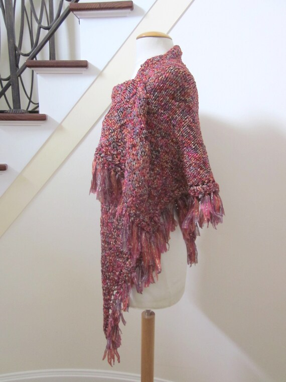 Hand Knit Shawl / OSFM / Gold shawl / Gold Pink P… - image 2