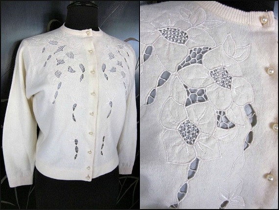 50s Angora Sweater / Vintage 50s Applique Cardigan