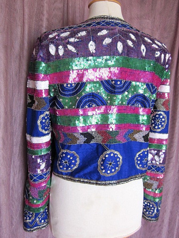 Blue Silk Beaded Jacket / fits L / Thai Silk Bead… - image 4