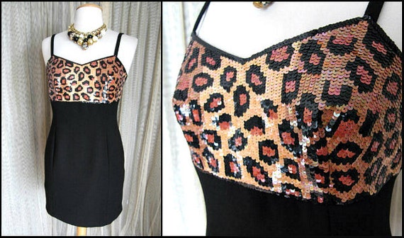 LEOPARD sequin dress / fits S / 80s leopard body … - image 1