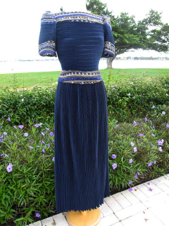 Vintage Richilene Beaded Fortuny Pleat Gown: Navy… - image 2