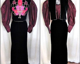 CLAUDE MONTANA Skirt / fits S / Vintage 80s 1980s / Silk Blend Velvet Skirt / 80s Fishtail hem skirt /