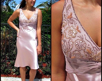 Chris Kole Lilac Dress / Pink Beaded Dress / Lilac Beaded Dress / fits M-L / Pink Cocktail Dress / Satin Chiffon Beaded Dress