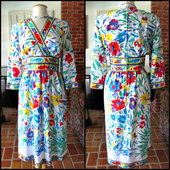 70s Floral Dress / Matti of Lynne by PinaLo Voi / Border Print Dress /  fits M