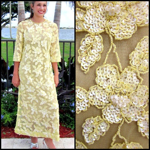 Yellow Beaded Gown / Vintage Yellow Gown / Couture