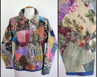Vintage Patchwork Quilted Jacket: Metallic Asian Motif, Fits S-M