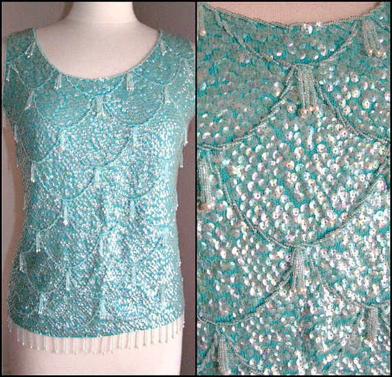 50s Beaded Sweater / Aqua Beaded Sweater / Vintage