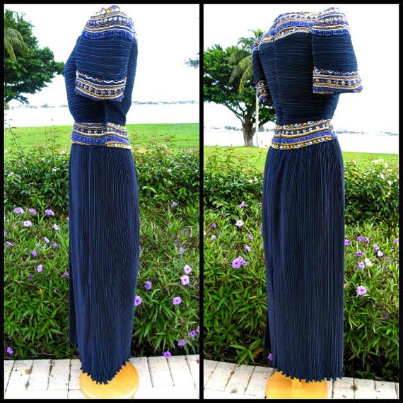 Vintage Richilene Beaded Fortuny Pleat Gown: Navy… - image 3