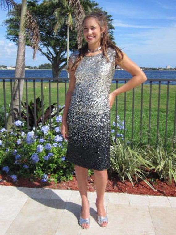 50s Sequin Dress / Ombre silver black sequin dres… - image 4