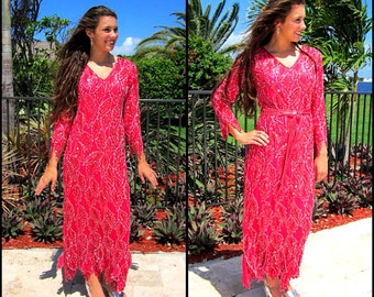 Red Silk Flapper Dress / Red Beaded Flapper Gown / fits M / 80s does 20s Flapper Dress / Vintage Red Beaded Gown