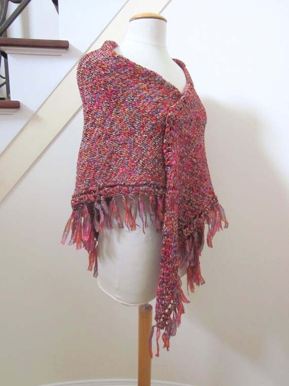 Hand Knit Shawl / OSFM / Gold shawl / Gold Pink P… - image 4