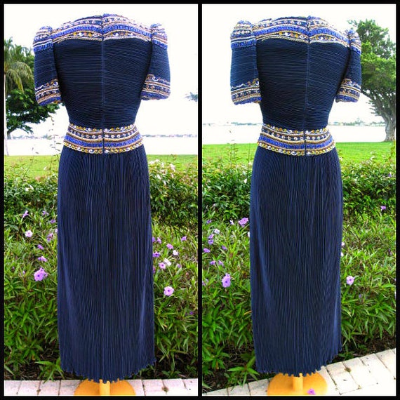 Vintage Richilene Beaded Fortuny Pleat Gown: Navy… - image 4