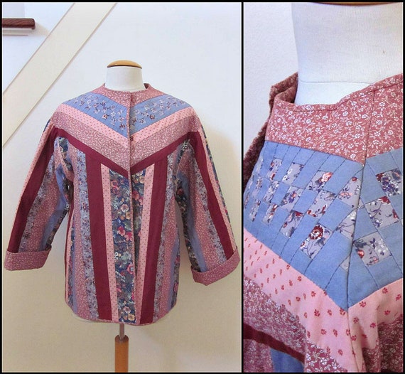 Quilted Jacket / Vintage Quilted Jacket / Artisan Quilted Jacket / fits S-M / Vintage 60s Quilted jacket / pink and blue quilted Jacket