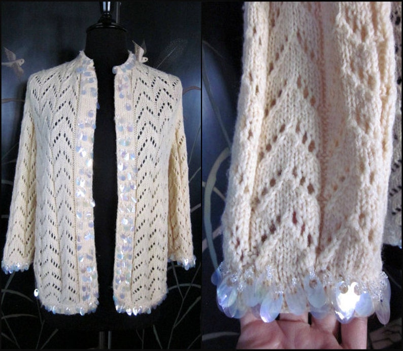 Hand knit 50s Cardigan / fits S-M / Vintage 50s paillette sweater / 50s paillette Cardigan / 50s Hand nit sweater image 1