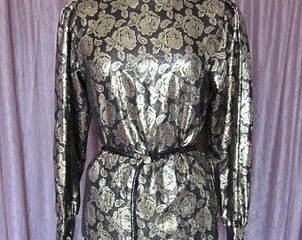 GLORIA SACHS Blouse / GOLD Metallic Lame' tunic / Fits S / Floral Gold Top / Vintage Gold Lame' Tunic / Gold Floral Blouse