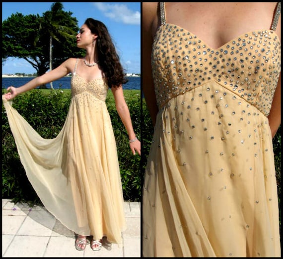 Rhinestone Chiffon gown / fits XS / Nude Chiffon w